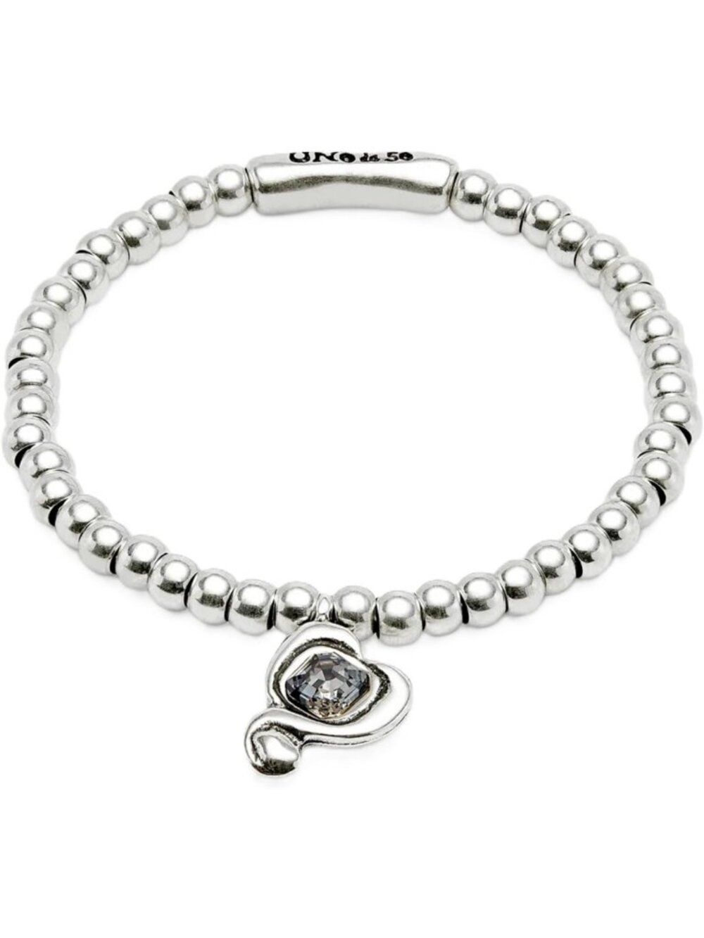 Silver-Plated Stretch Bracelet with Heart Charm & Crystal Accent - Elegant